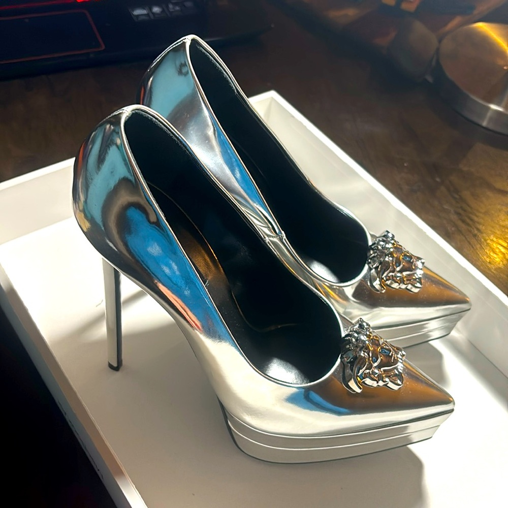 Versace Medusa silver dual platform heels